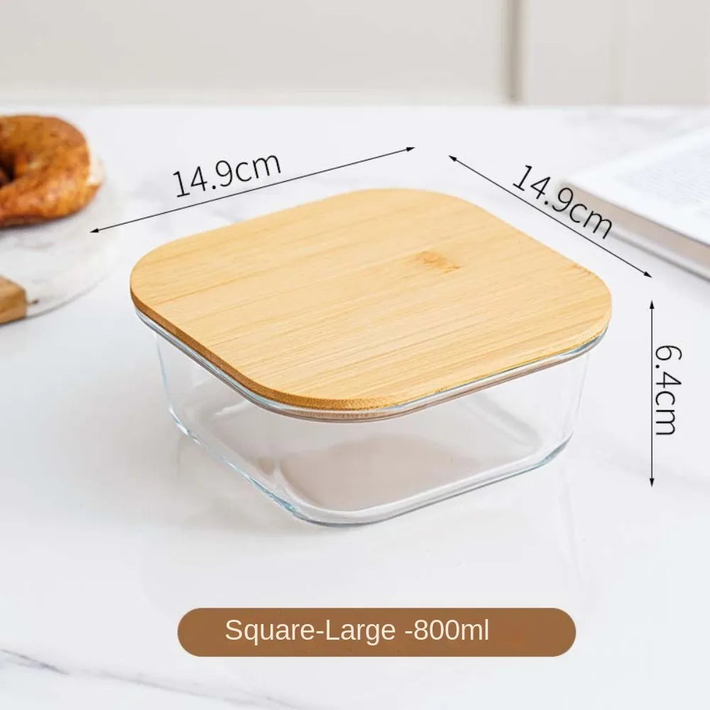 Glass Fresh-Keeping Box High Borosilicate Bamboo Lid Microwave Oven Lunch Box Sealed Leakproof Food Storage Containers Office