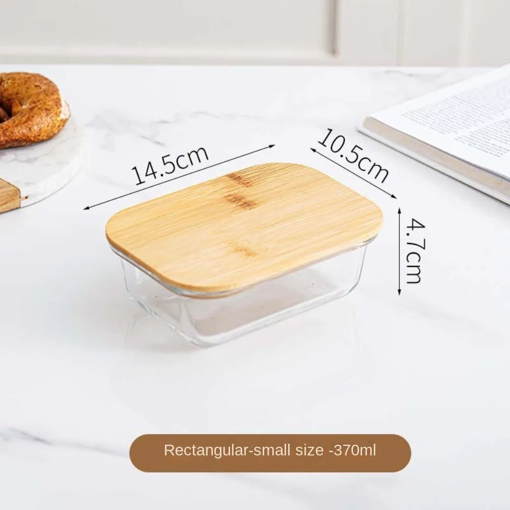 Glass Fresh-Keeping Box High Borosilicate Bamboo Lid Microwave Oven Lunch Box Sealed Leakproof Food Storage Containers Office