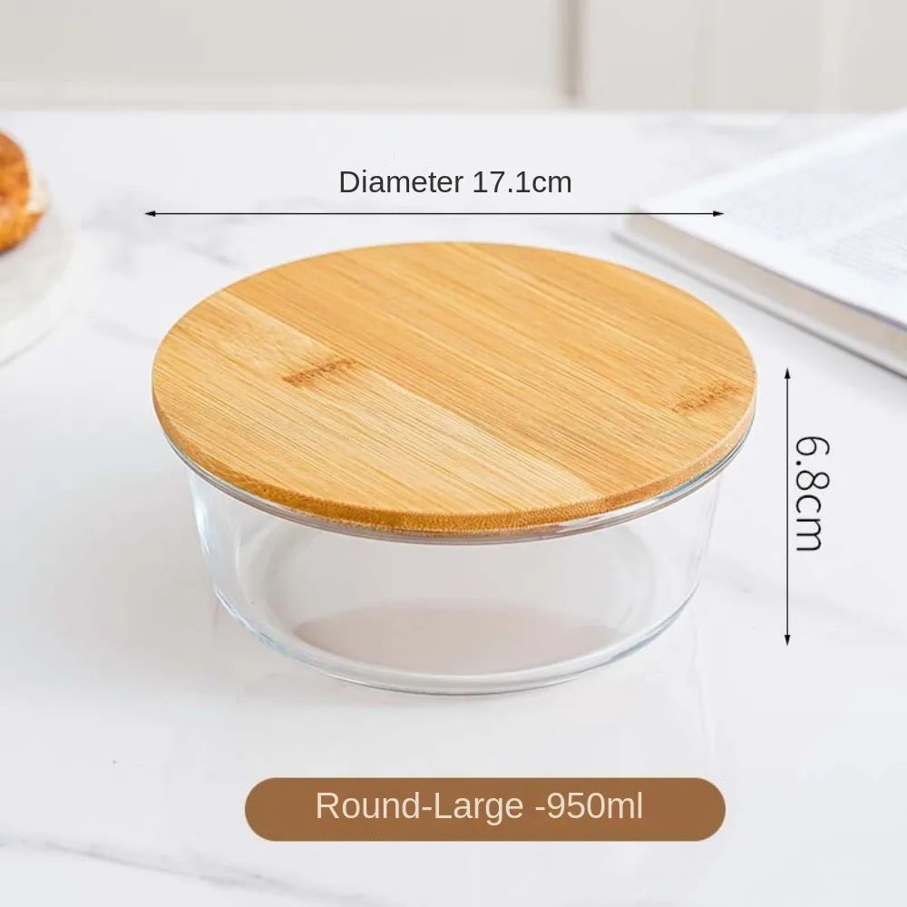 Glass Fresh-Keeping Box High Borosilicate Bamboo Lid Microwave Oven Lunch Box Sealed Leakproof Food Storage Containers Office