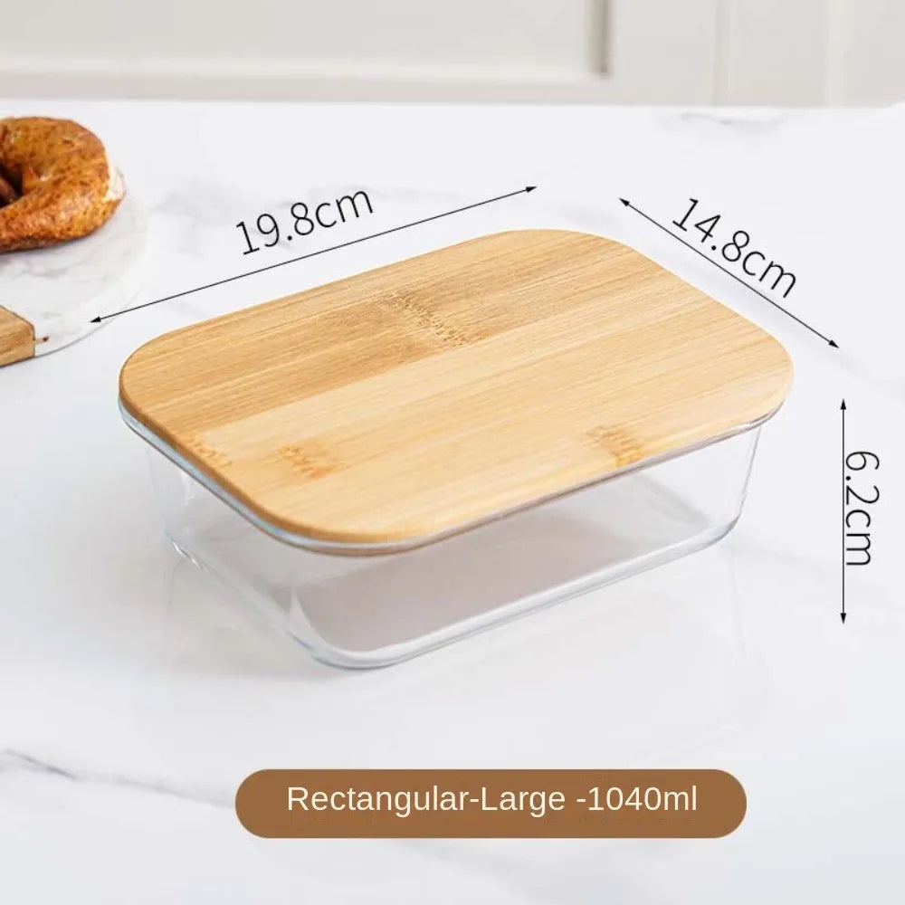 Glass Fresh-Keeping Box High Borosilicate Bamboo Lid Microwave Oven Lunch Box Sealed Leakproof Food Storage Containers Office