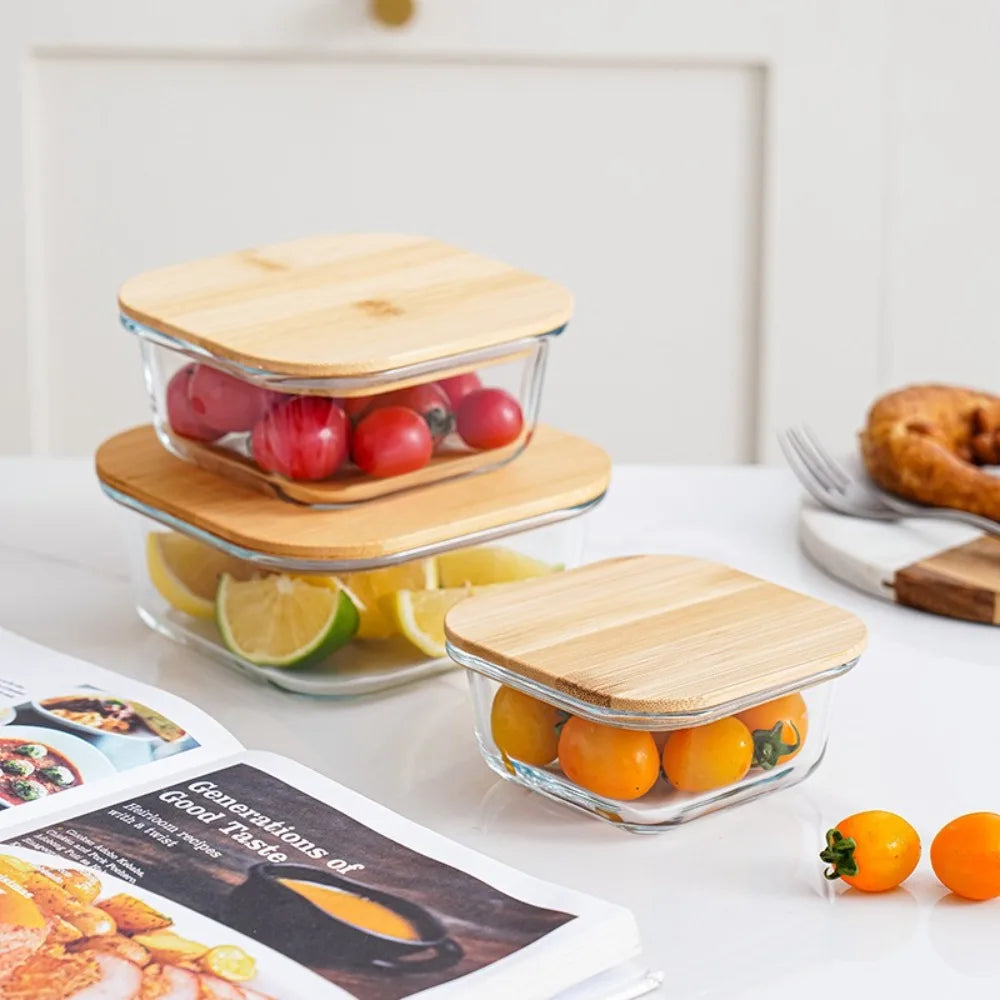 Glass Fresh-Keeping Box High Borosilicate Bamboo Lid Microwave Oven Lunch Box Sealed Leakproof Food Storage Containers Office