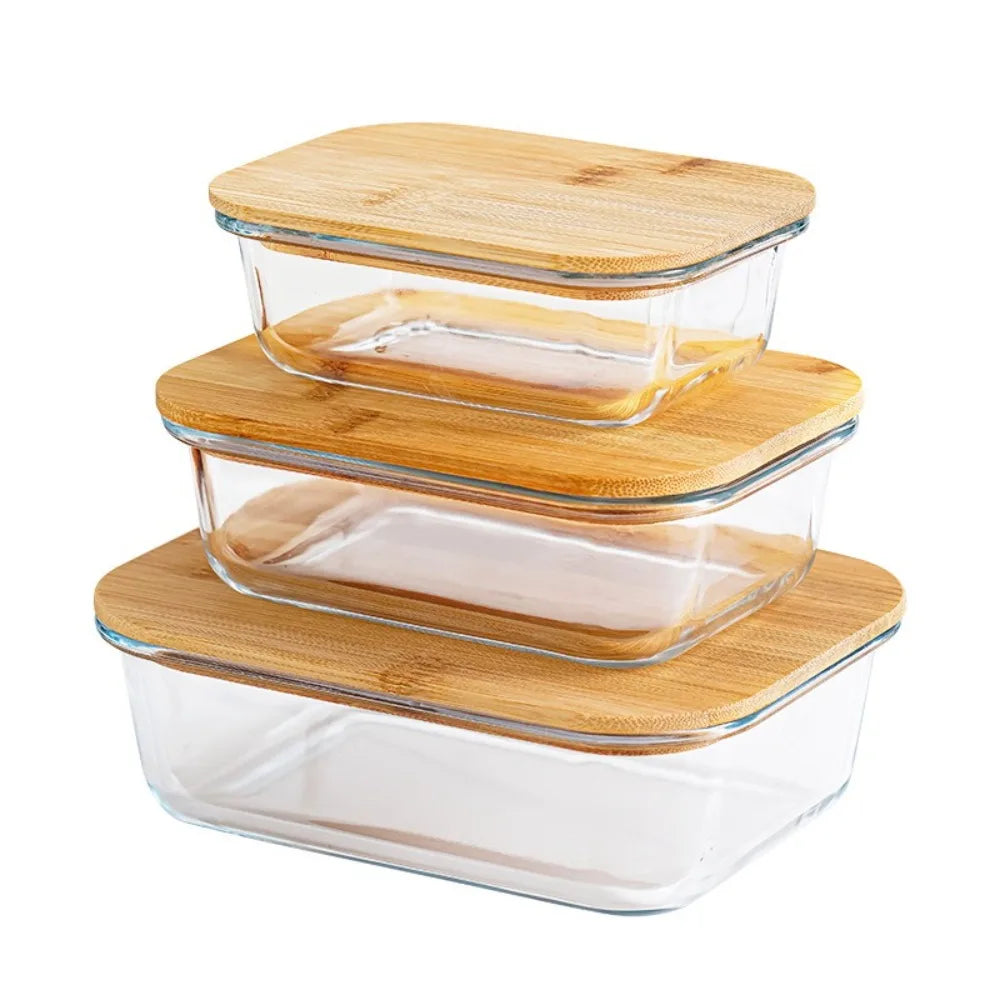 Glass Fresh-Keeping Box High Borosilicate Bamboo Lid Microwave Oven Lunch Box Sealed Leakproof Food Storage Containers Office