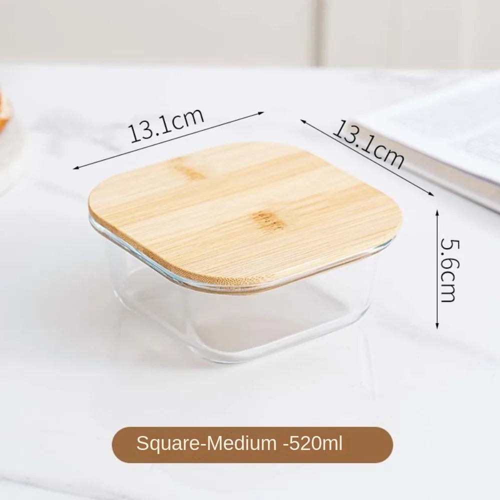 Glass Fresh-Keeping Box High Borosilicate Bamboo Lid Microwave Oven Lunch Box Sealed Leakproof Food Storage Containers Office
