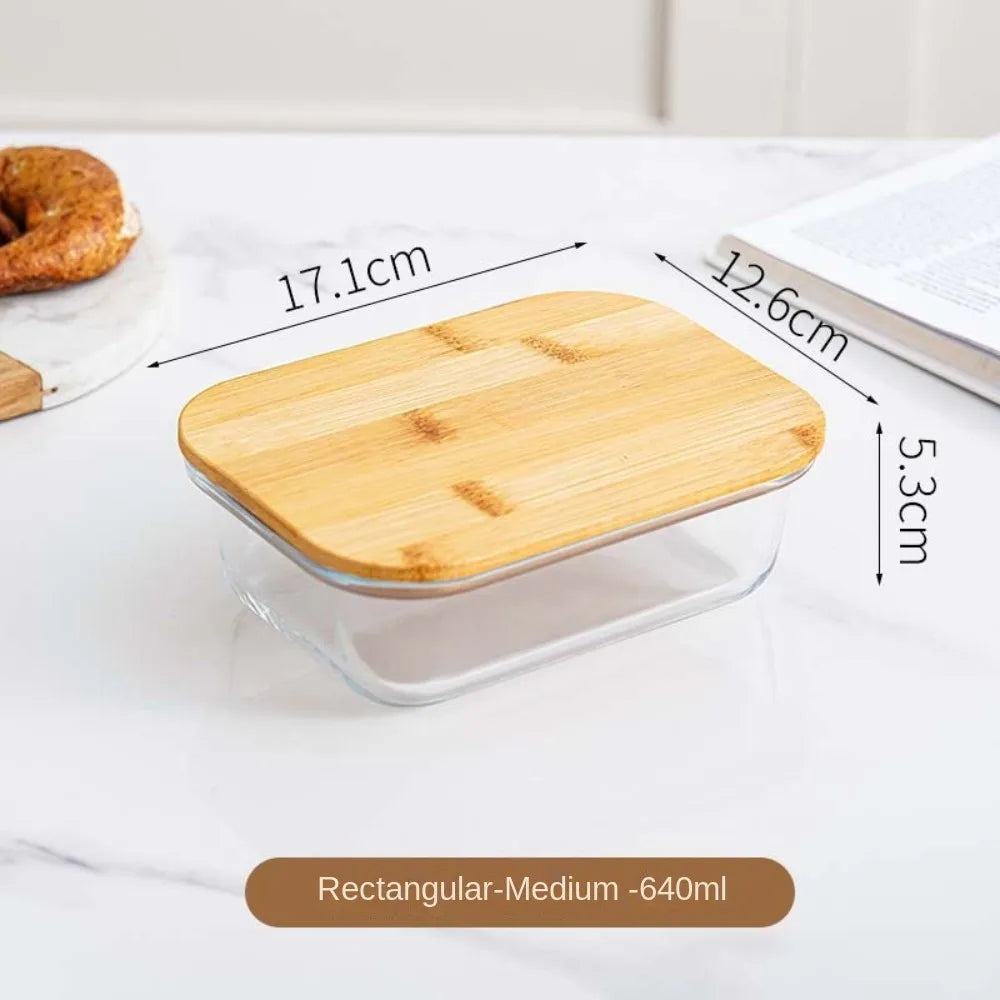 Glass Fresh-Keeping Box High Borosilicate Bamboo Lid Microwave Oven Lunch Box Sealed Leakproof Food Storage Containers Office