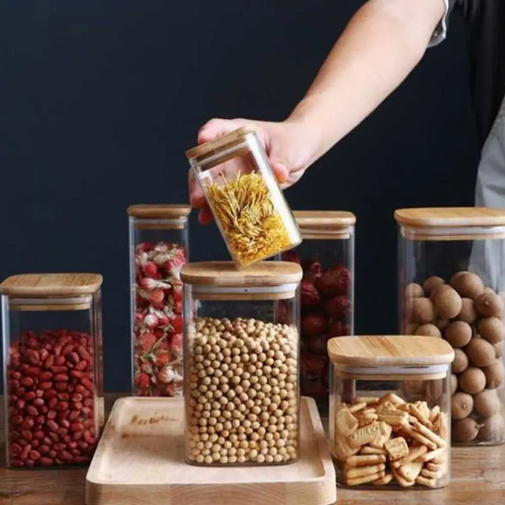 Glass Sealed Jar with Bamboo Lid Spice Jars Transparent Split Bottle Storage Tank Snack Candy Storage Jar