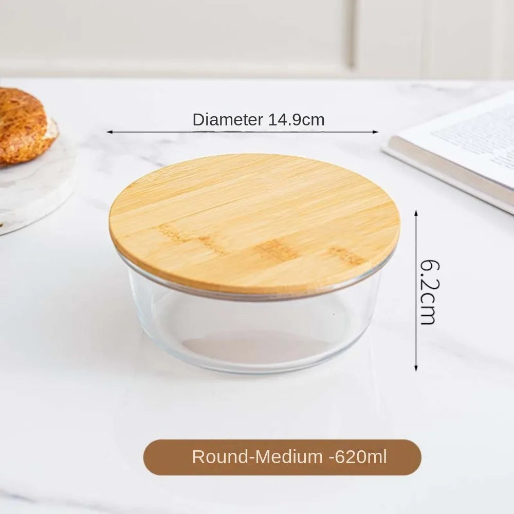 Glass Fresh-Keeping Box High Borosilicate Bamboo Lid Microwave Oven Lunch Box Sealed Leakproof Food Storage Containers Office