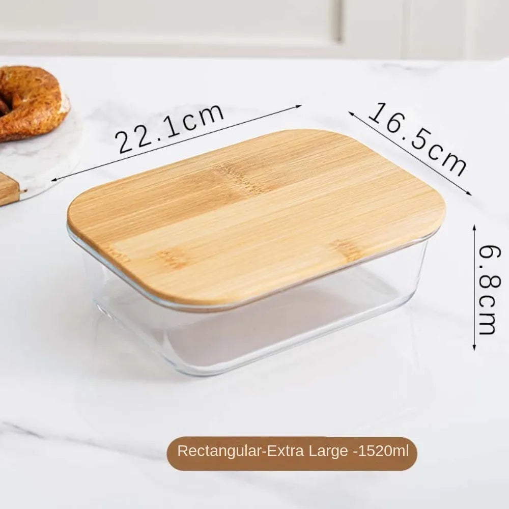 Glass Fresh-Keeping Box High Borosilicate Bamboo Lid Microwave Oven Lunch Box Sealed Leakproof Food Storage Containers Office