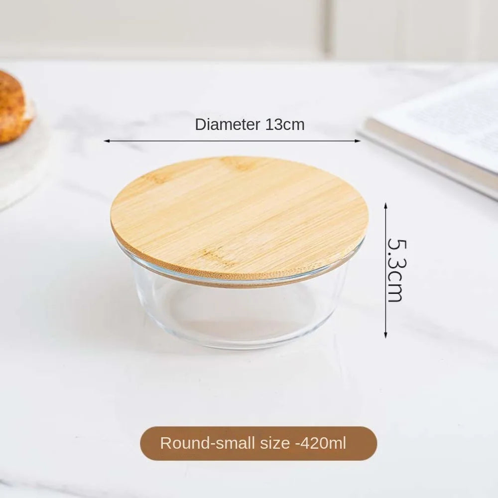 Glass Fresh-Keeping Box High Borosilicate Bamboo Lid Microwave Oven Lunch Box Sealed Leakproof Food Storage Containers Office